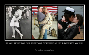 Gay service members kiss their partners when returning home from war
